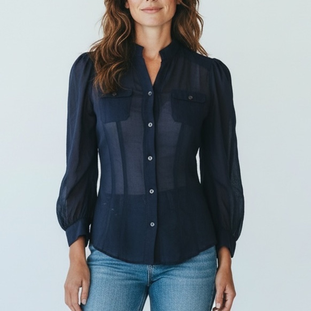 DVF Diane von Furstenberg Bea Navy Sheer Cotton Button Down Blouse Size 0